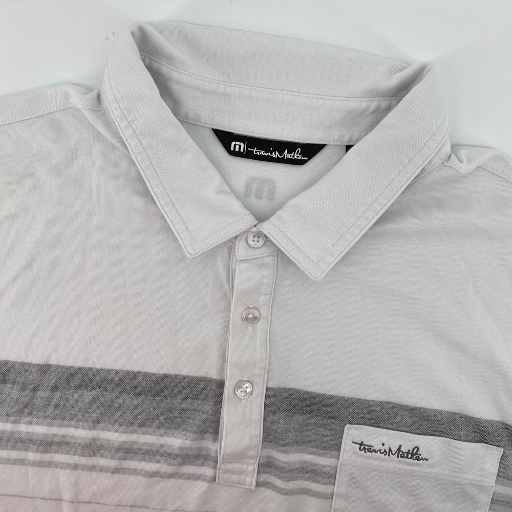 Travis Mathew Polo Shirt Mens XXL White Grey Striped Pima Cotton Golf Pocket
